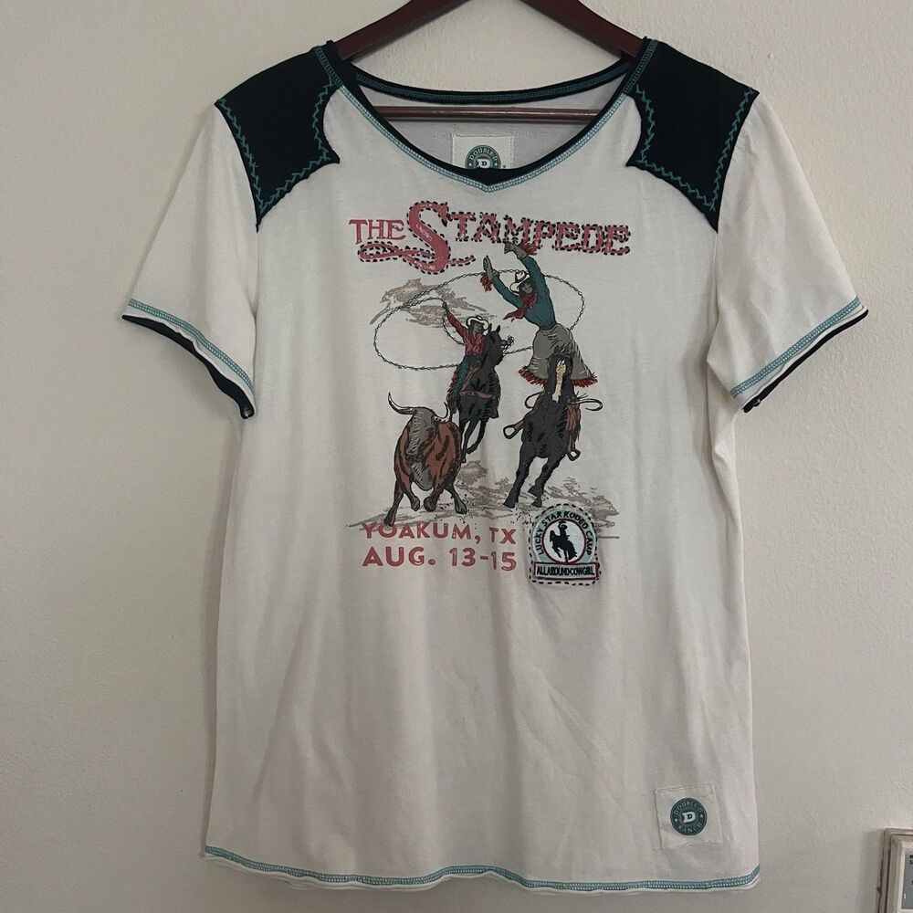 Double D Ranch The Stampede Yoakum Texas Top Womens XL Allover Print Embroidered